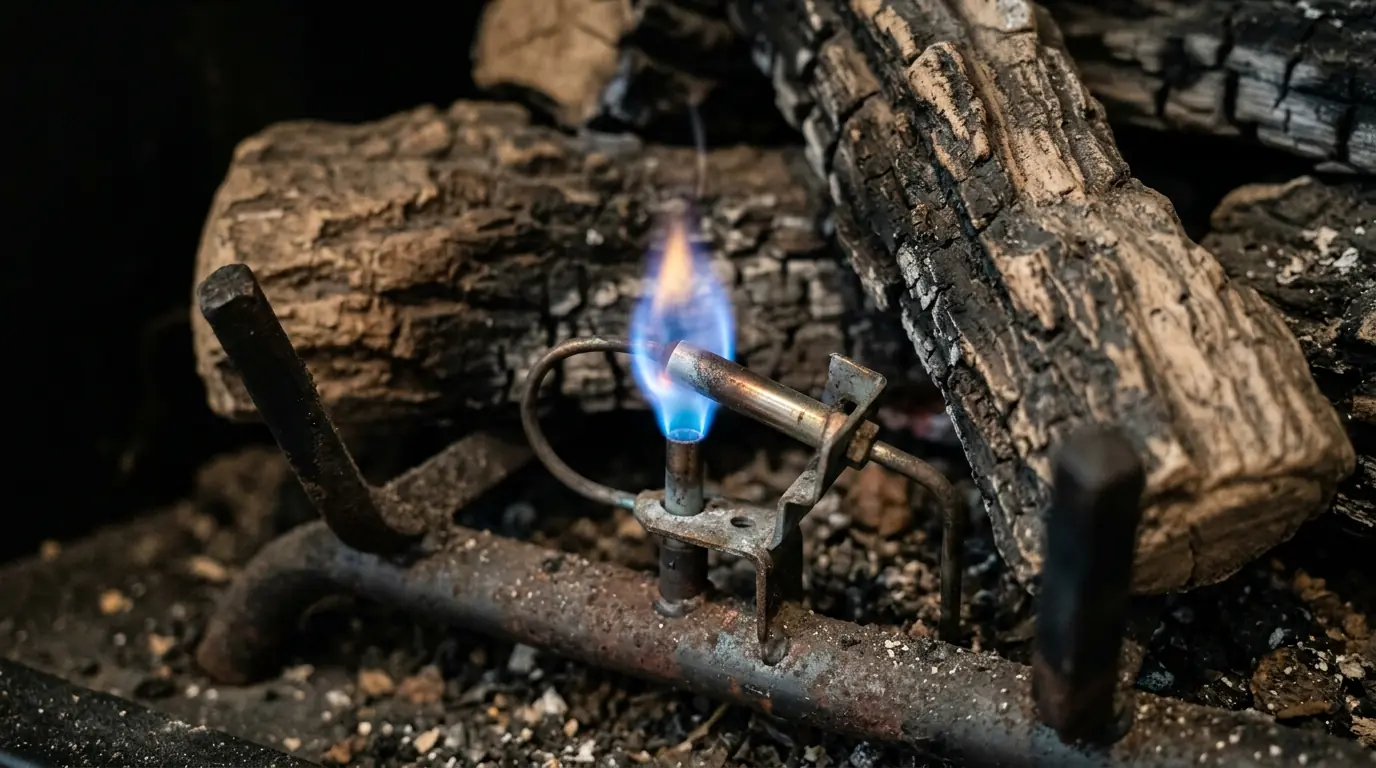 Pilot flame on a gas fireplace thermocouple