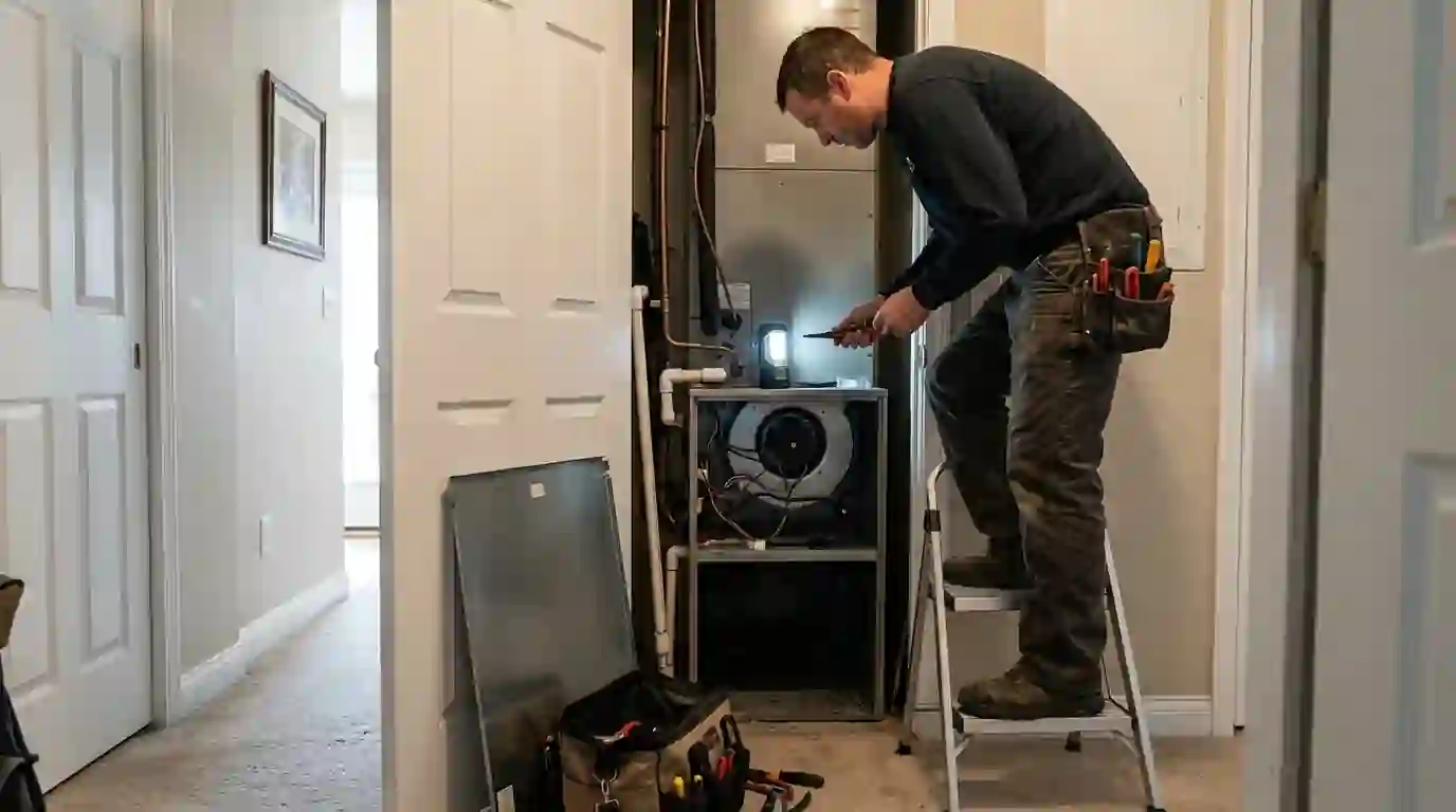 Technician working on an air handler in a hall closet