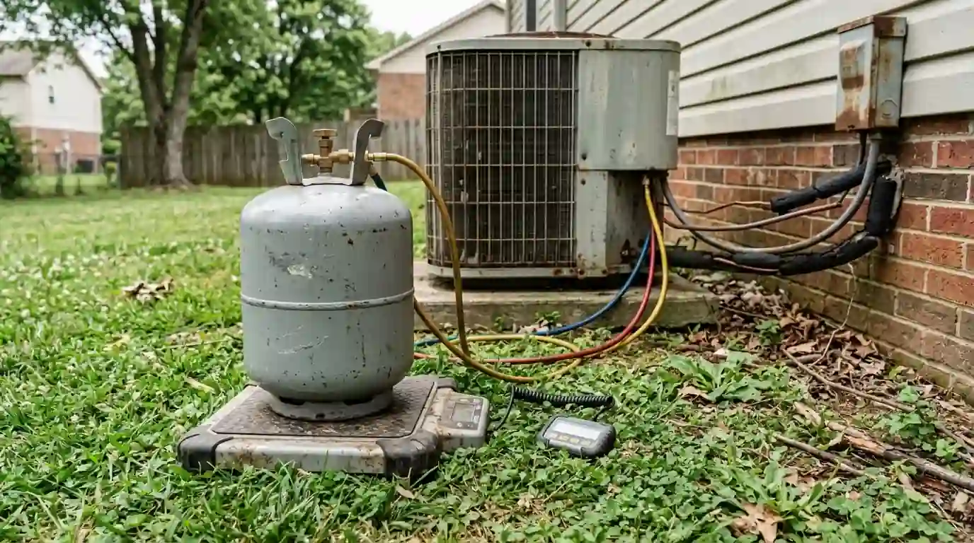 Refrigerant being recovered from an old AC before removal