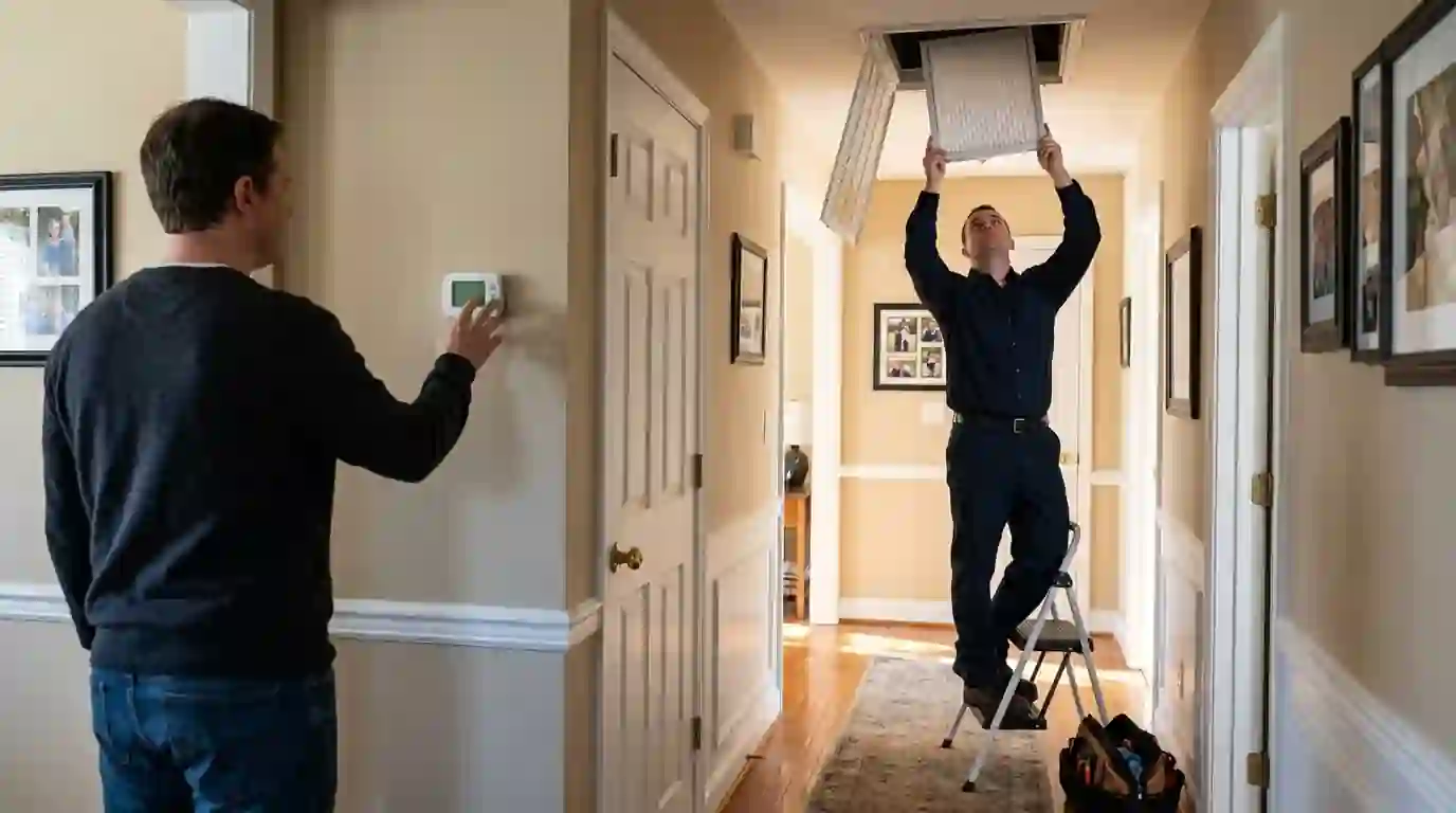 Homeowner at a thermostat while an air filter is replaced