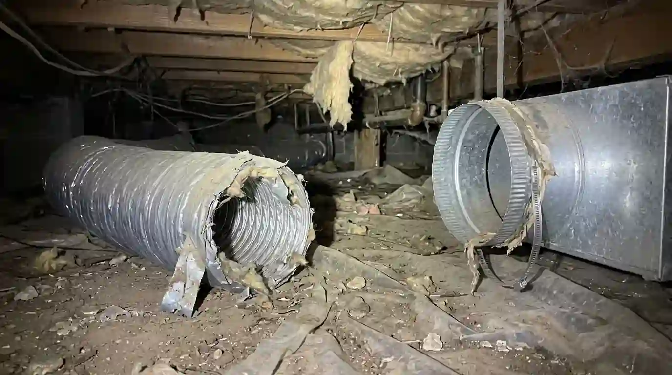 Flex duct disconnected from its collar in a crawl space
