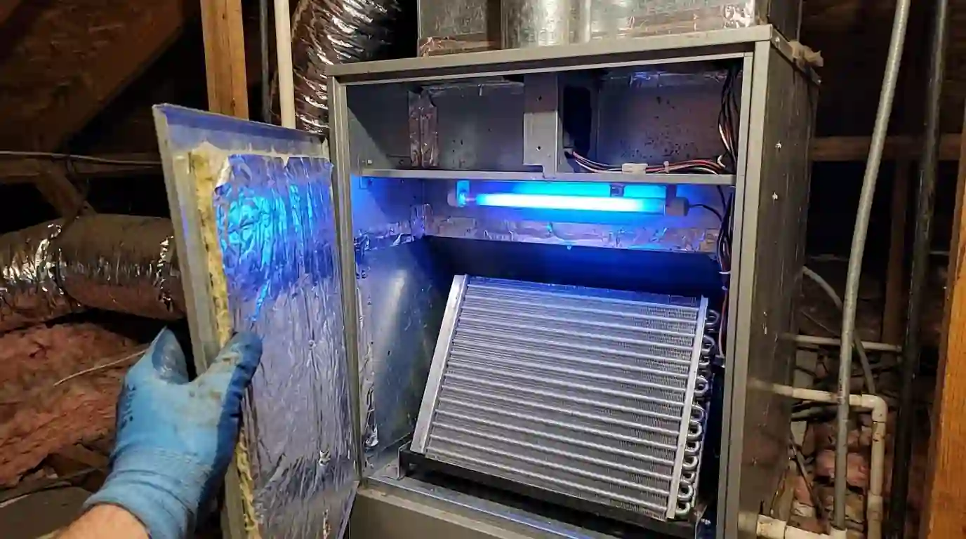 UV lamp installed above an indoor evaporator coil