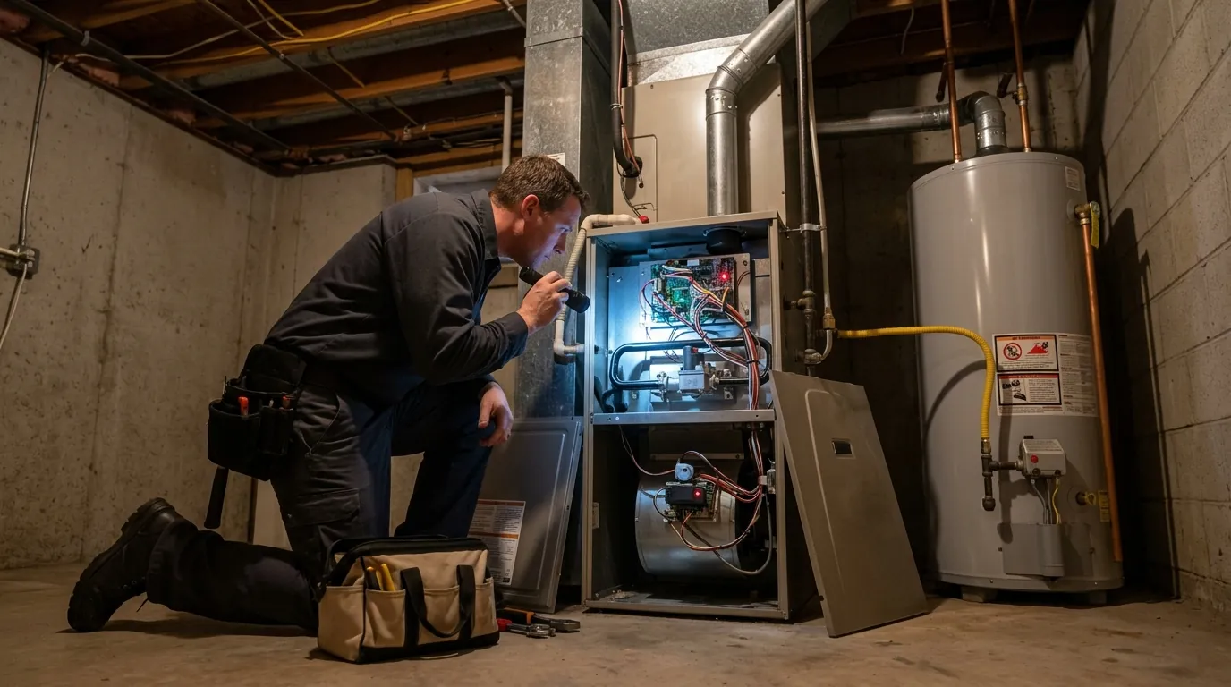 Technician reading the fault light on a furnace control board