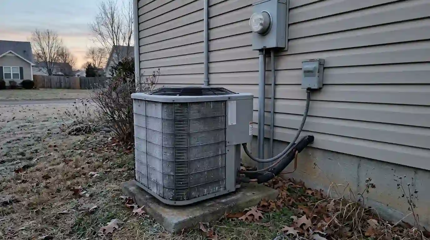 Frosted heat pump beside a suburban home at dawn