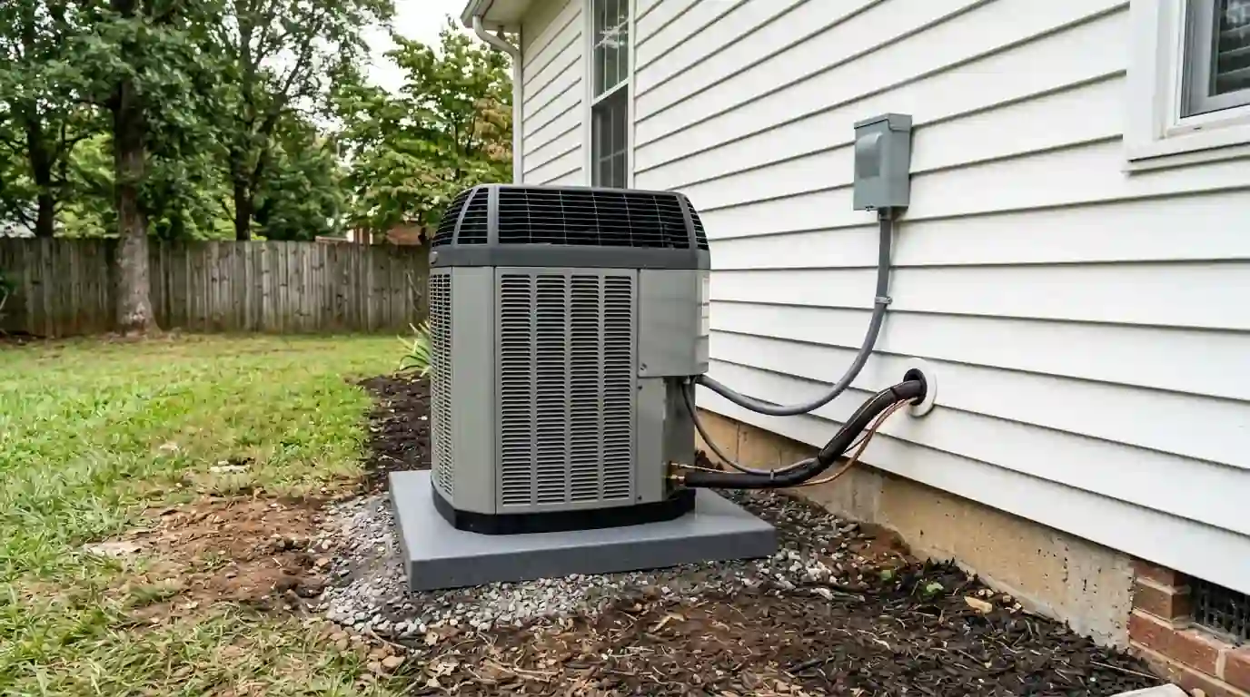 Newly installed AC condenser on a level pad