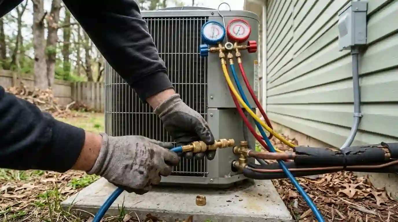 Gauge hoses connected to a heat pump service valve