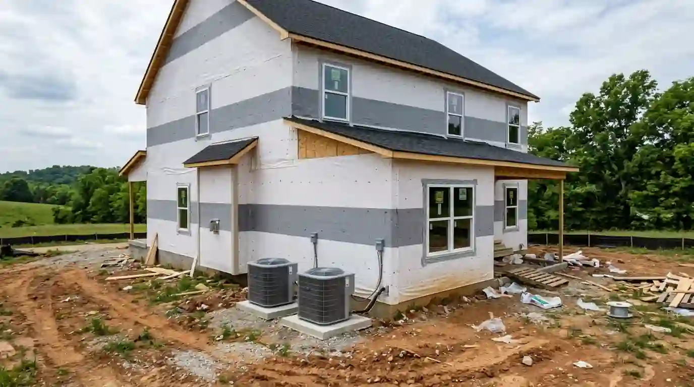 New two-story house with two condensers on fresh pads