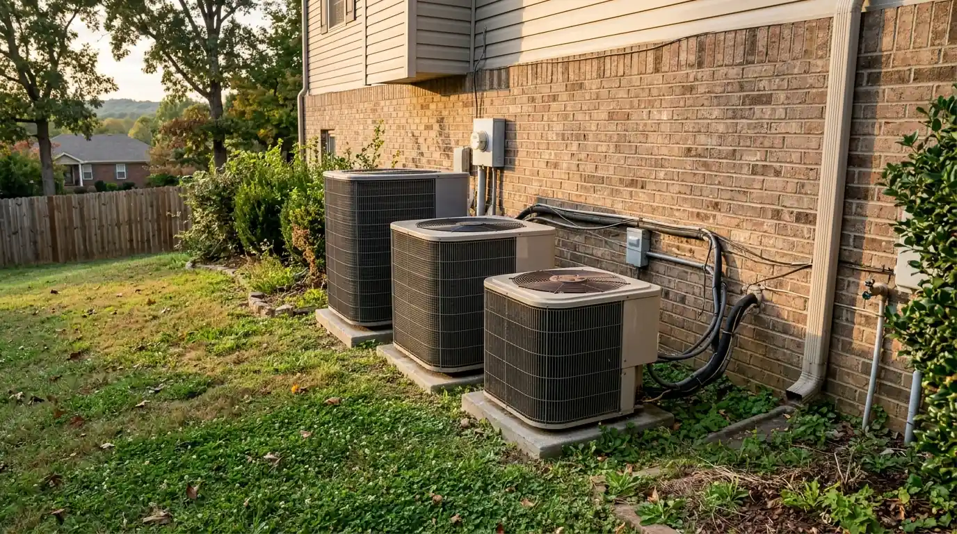 Outdoor heat pump and AC units beside a suburban home