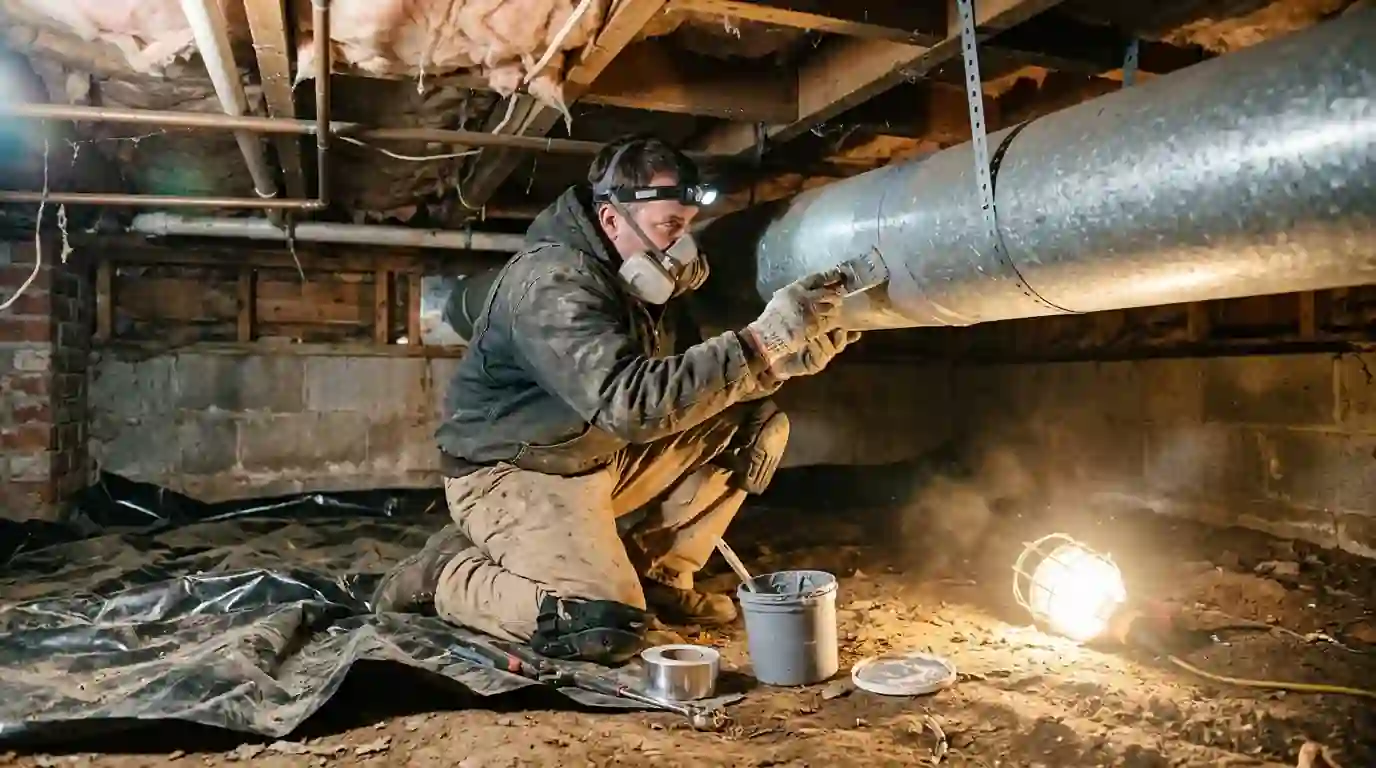 Technician sealing a duct joint in a crawl space