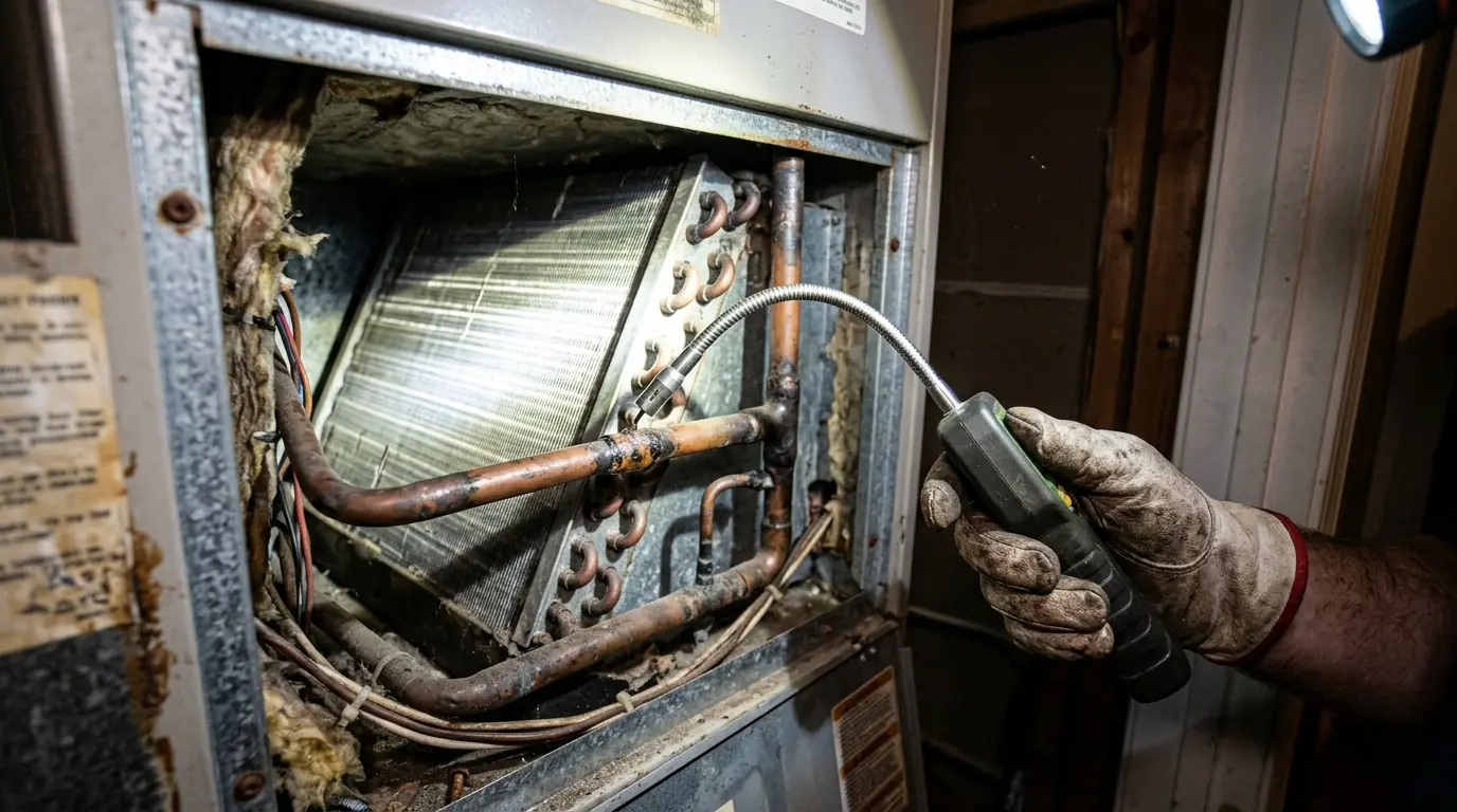 Electronic leak detector being used on an indoor coil