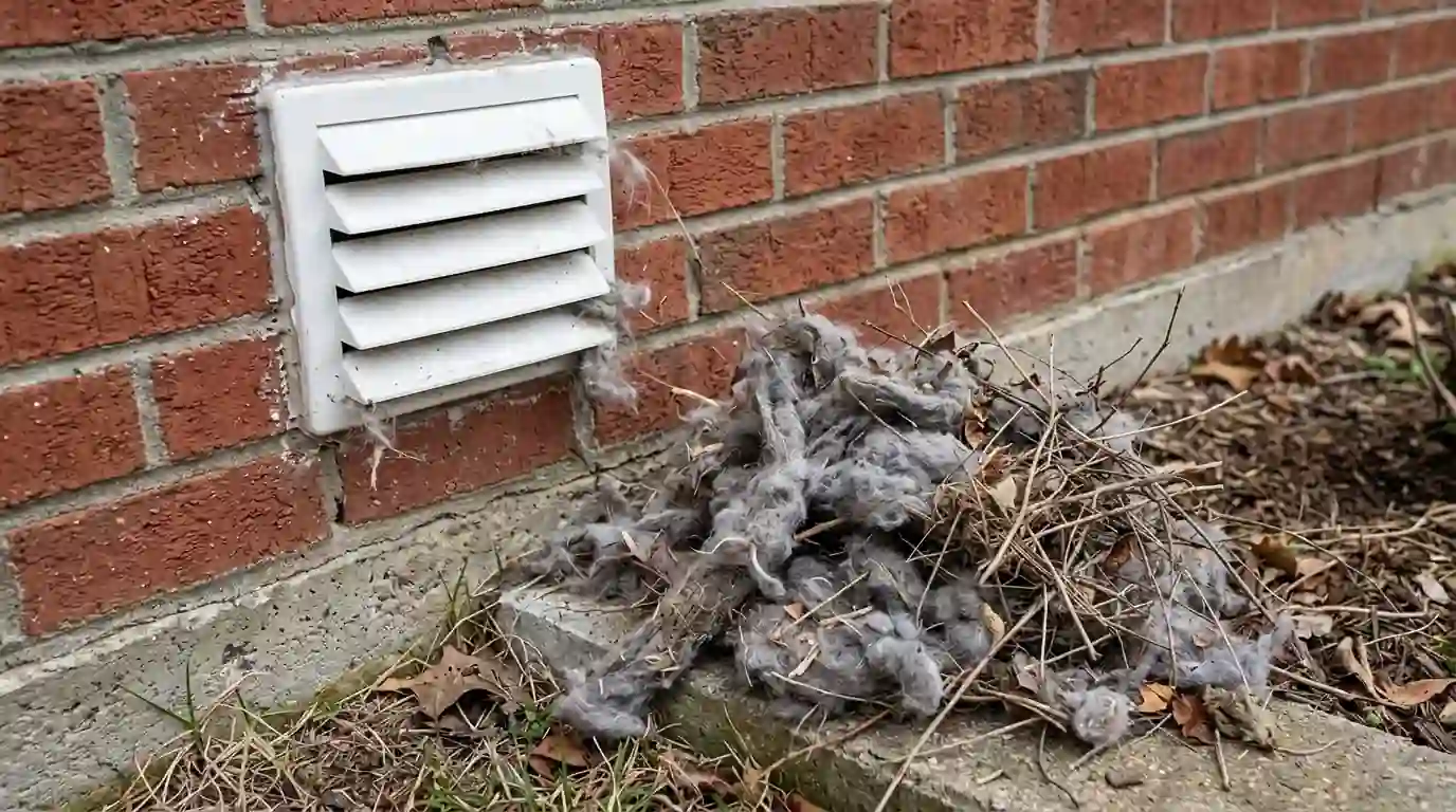 Lint and nest debris removed from a dryer vent hood