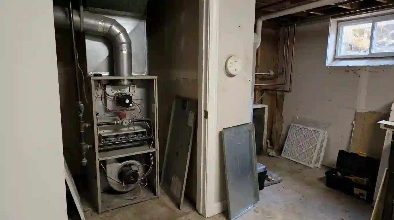 Gas furnace with its front panel off and a carbon monoxide alarm on the wall