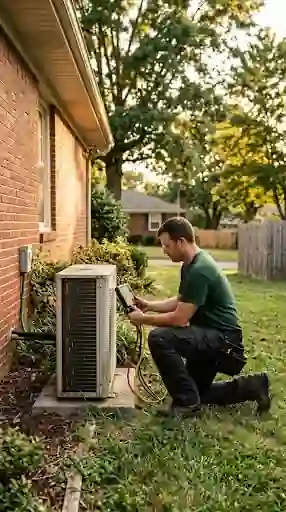Technician checking heat pump pressures beside a brick ranch house north of Nashville