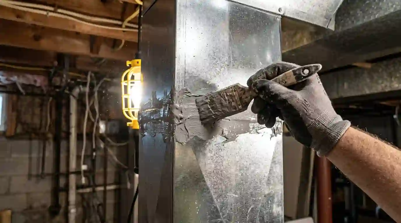 Mastic being brushed onto a sheet metal duct joint