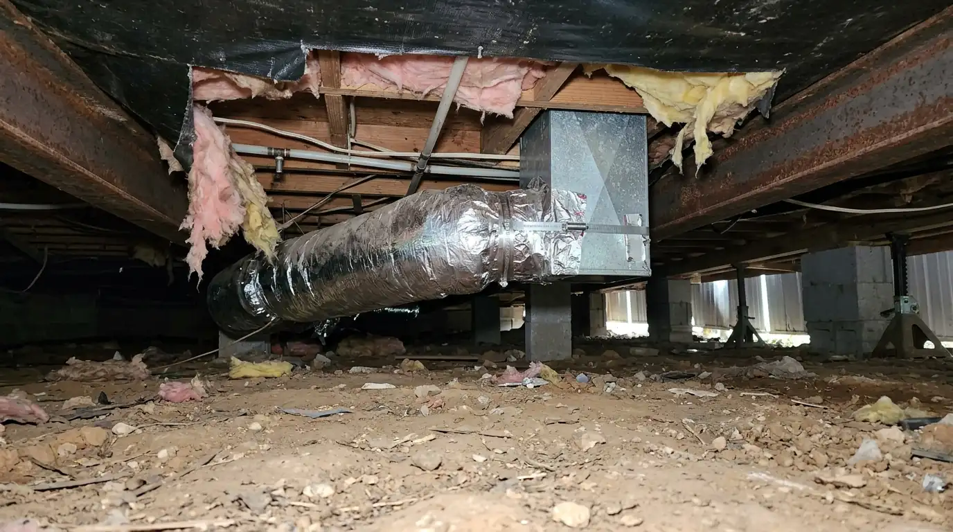 Crossover duct reconnected under a manufactured home