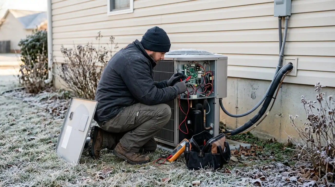 Technician testing the defrost board on an outdoor heat pump