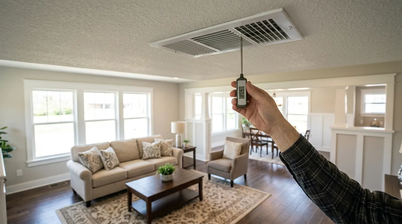 Thermometer probe measuring air at a supply register