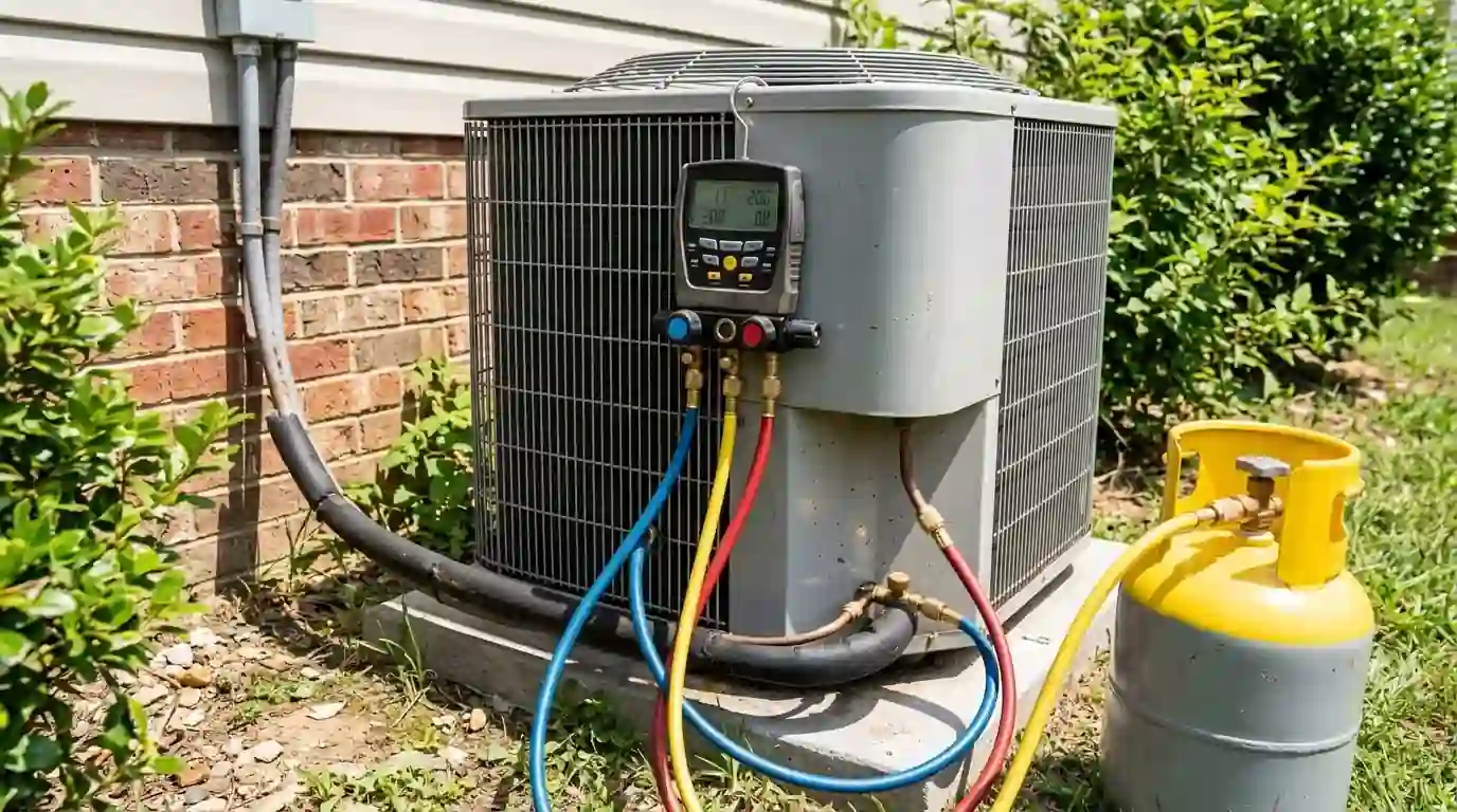 Gauge set and recovery cylinder connected to an outdoor condenser