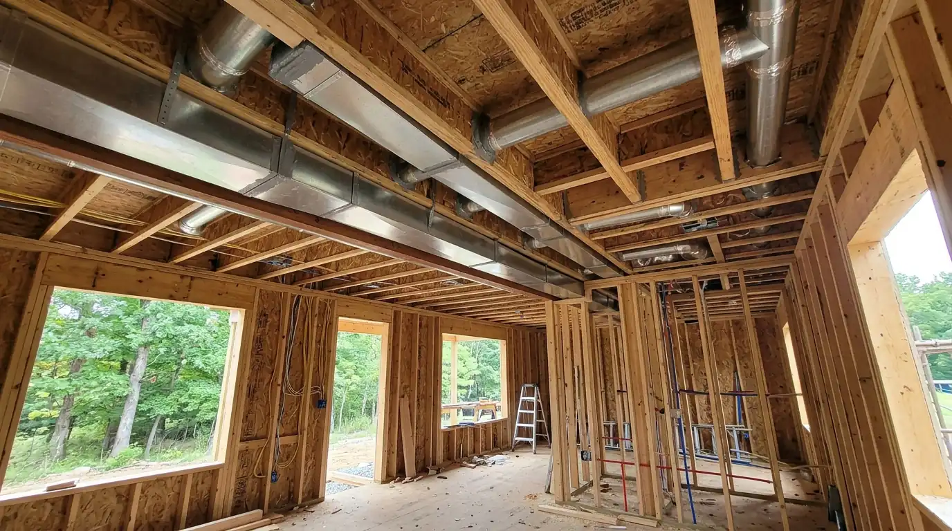 New ductwork run through open framing before drywall