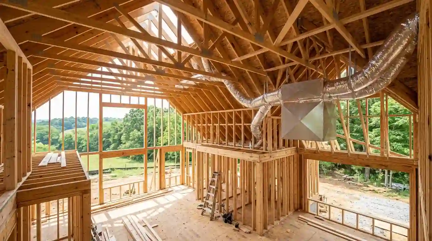 New ductwork installed in a house under construction