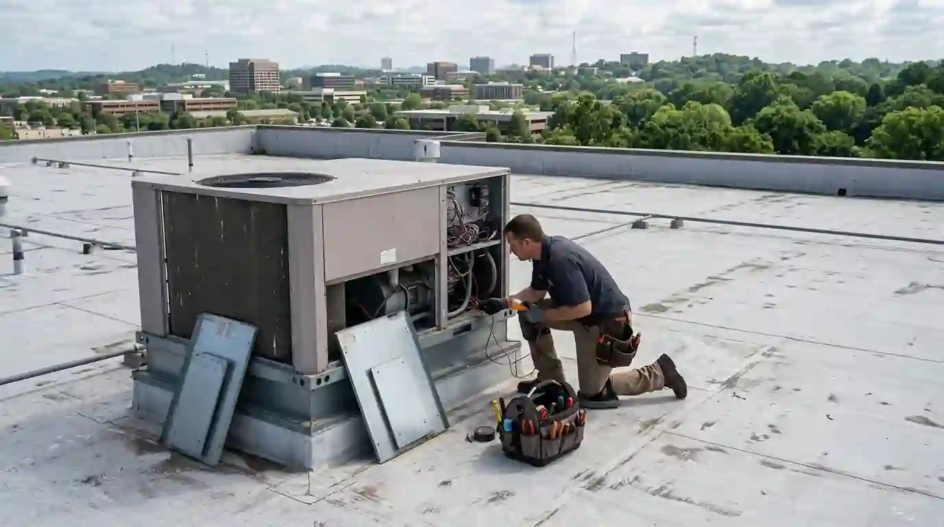 Technician working on an open packaged rooftop unit