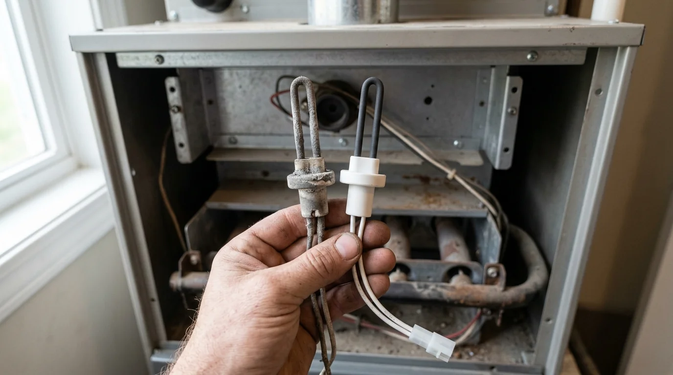 Cracked furnace igniter beside a new replacement