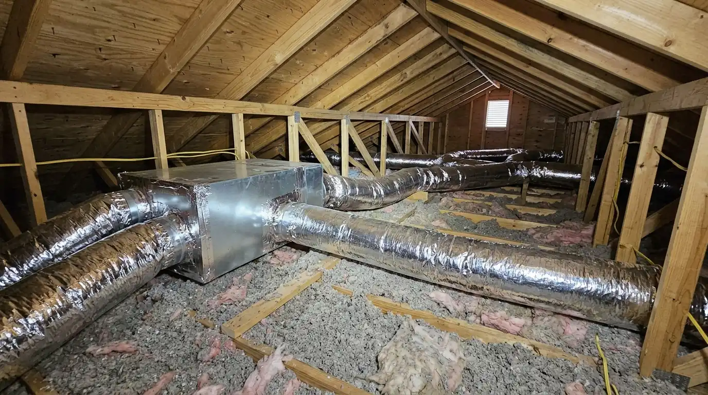New insulated ducts running across attic joists