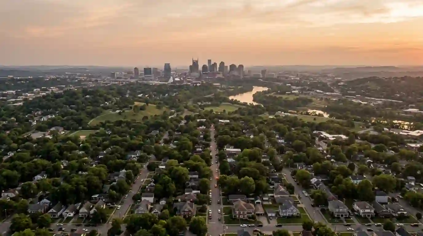 Nashville neighborhoods with the downtown skyline in the distance