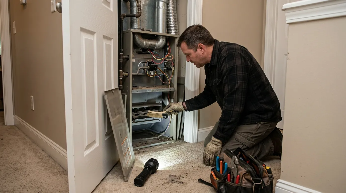 Technician cleaning gas furnace burners