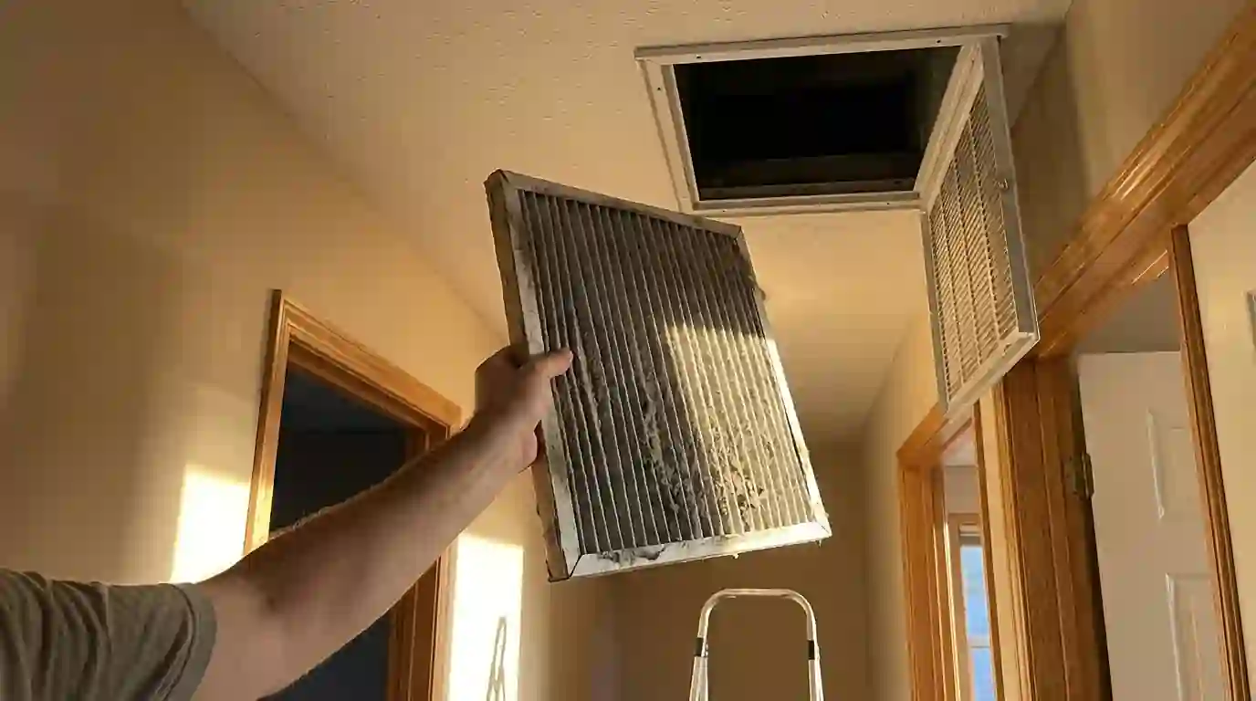 Dirty pleated air filter held up beside an open return grille