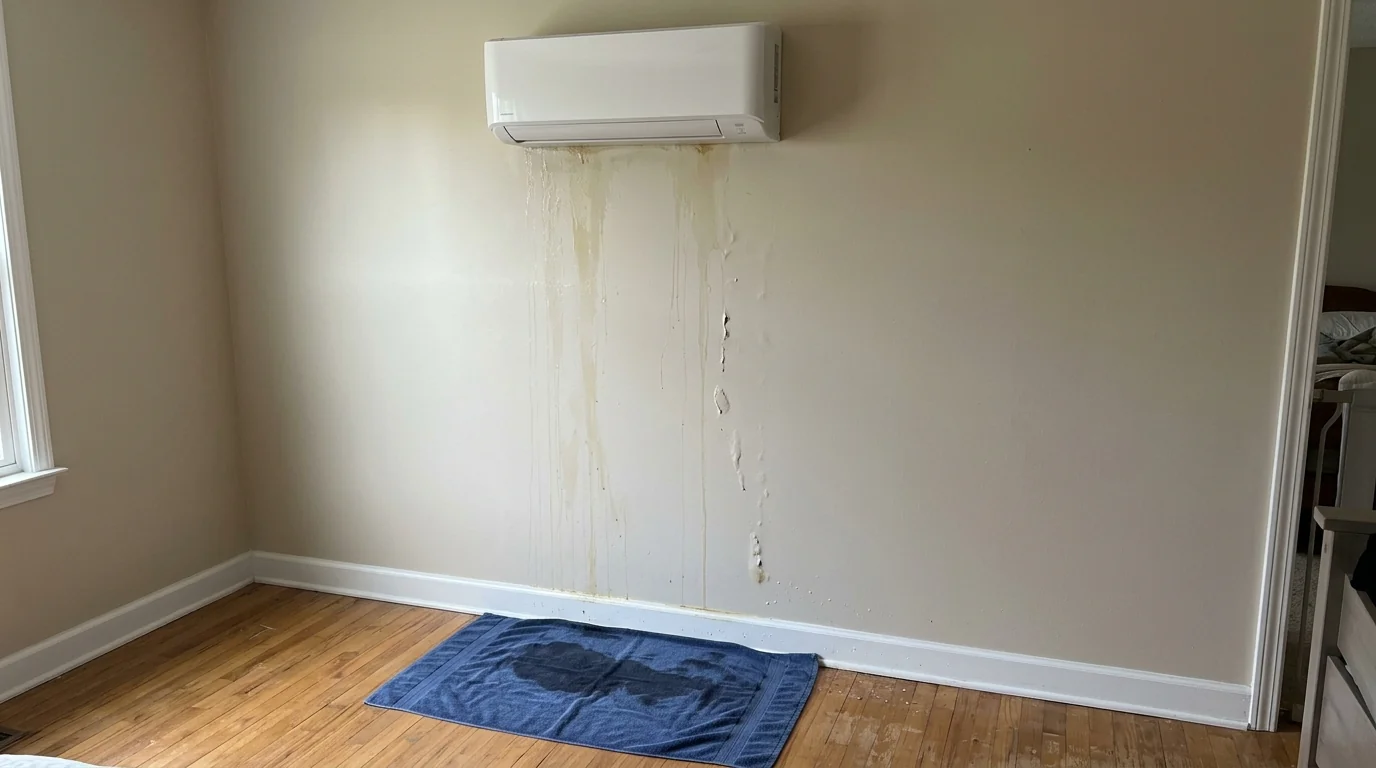 Water stain on a wall below a ductless indoor unit