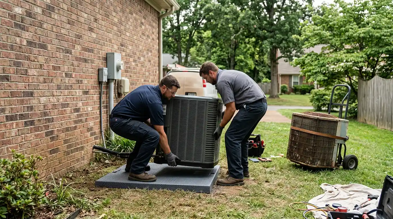 New outdoor unit being set on a pad beside a brick home