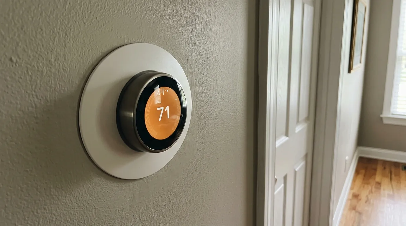 Smart thermostat mounted on a hallway wall