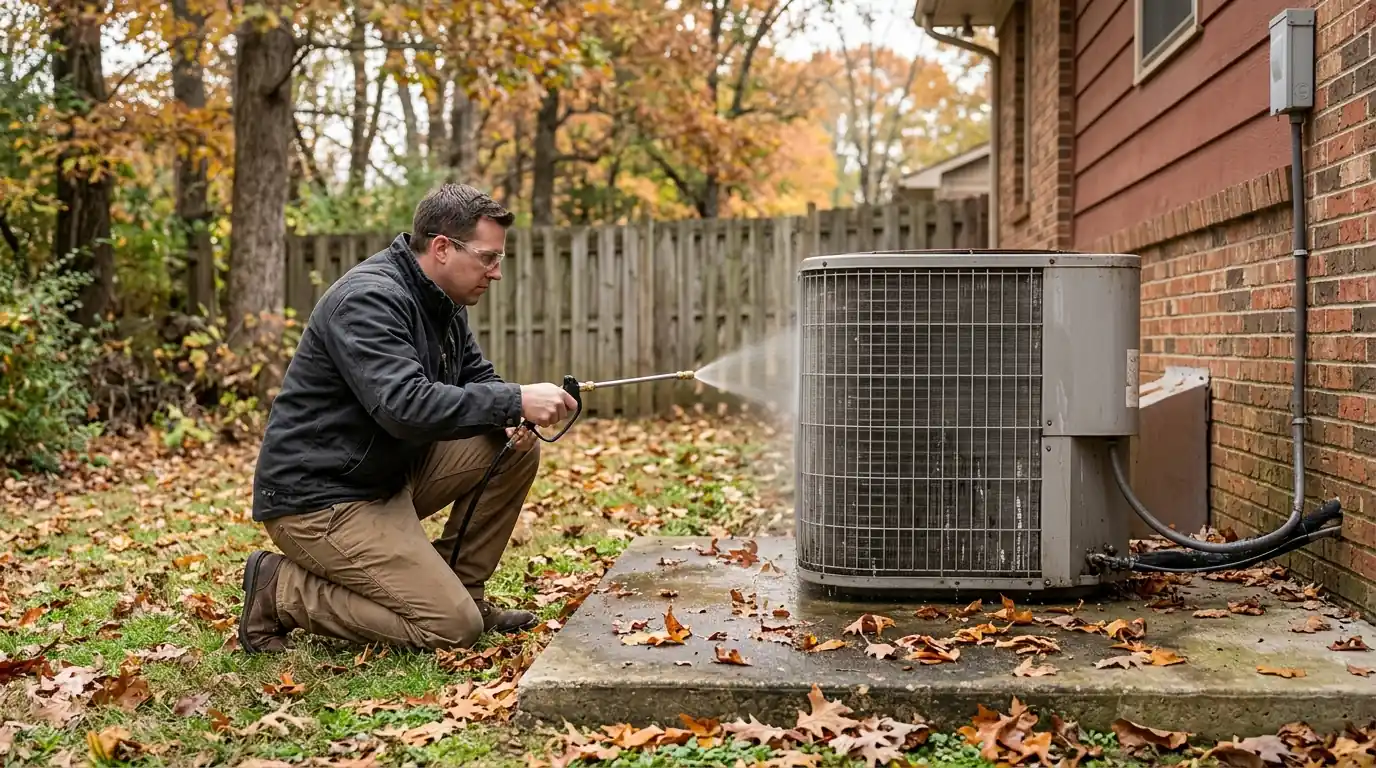 Technician rinsing the coil of an outdoor heat pump