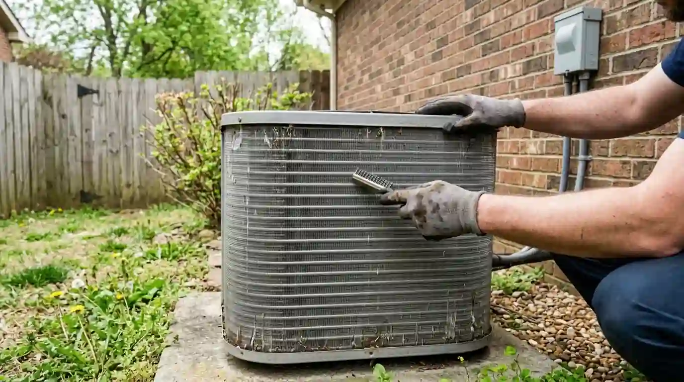 Hands checking the coil of a heat pump outside a brick home