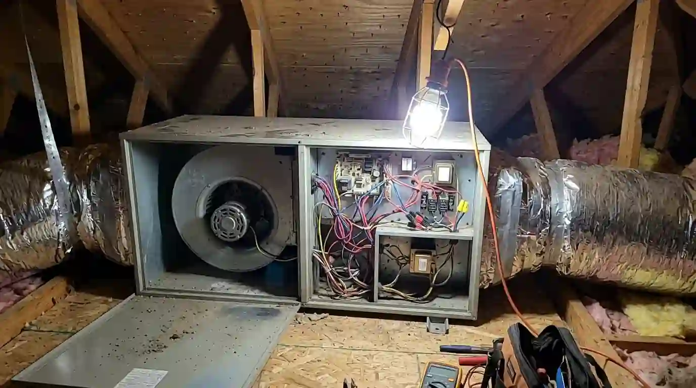 Open air handler showing the blower, heat strips and board