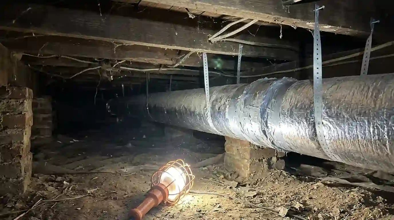 New insulated ductwork hung in a crawl space