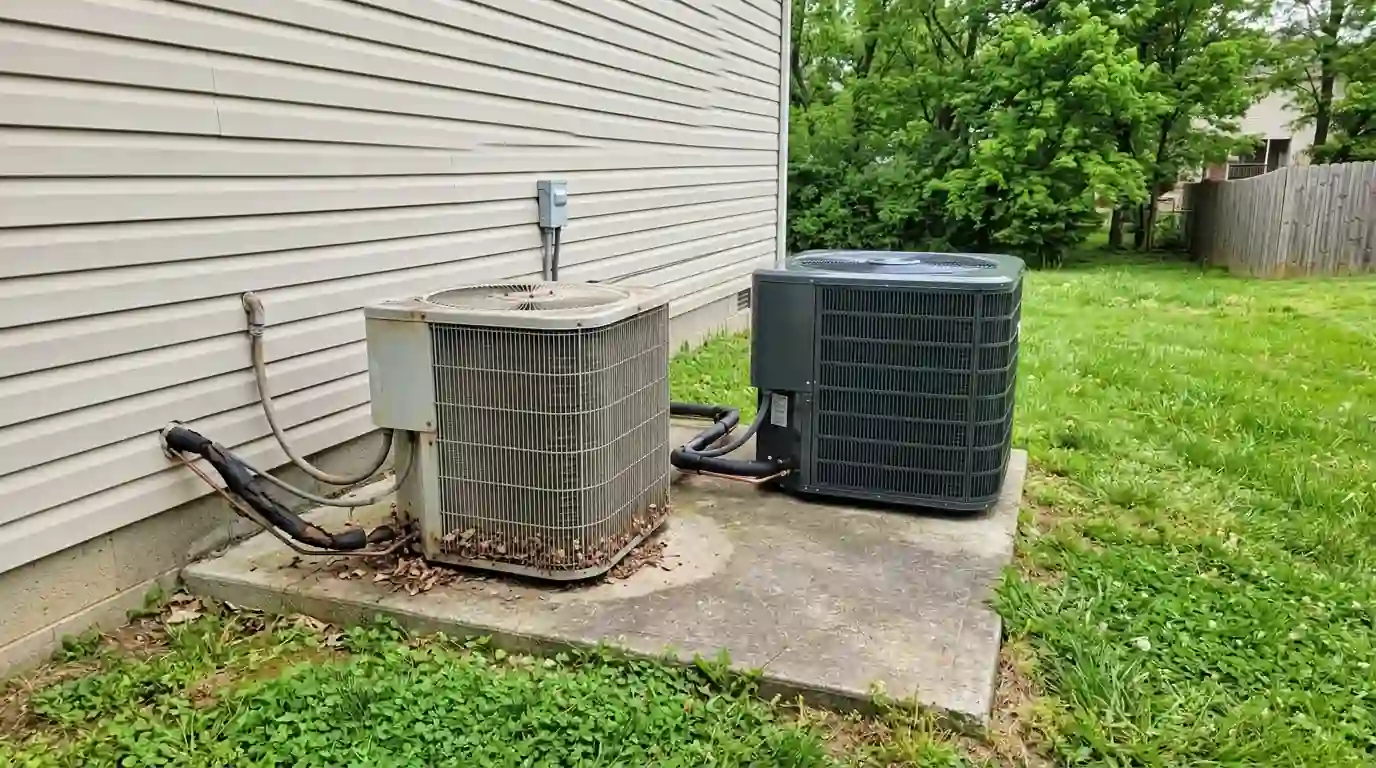 Old and new heat pump condensers side by side