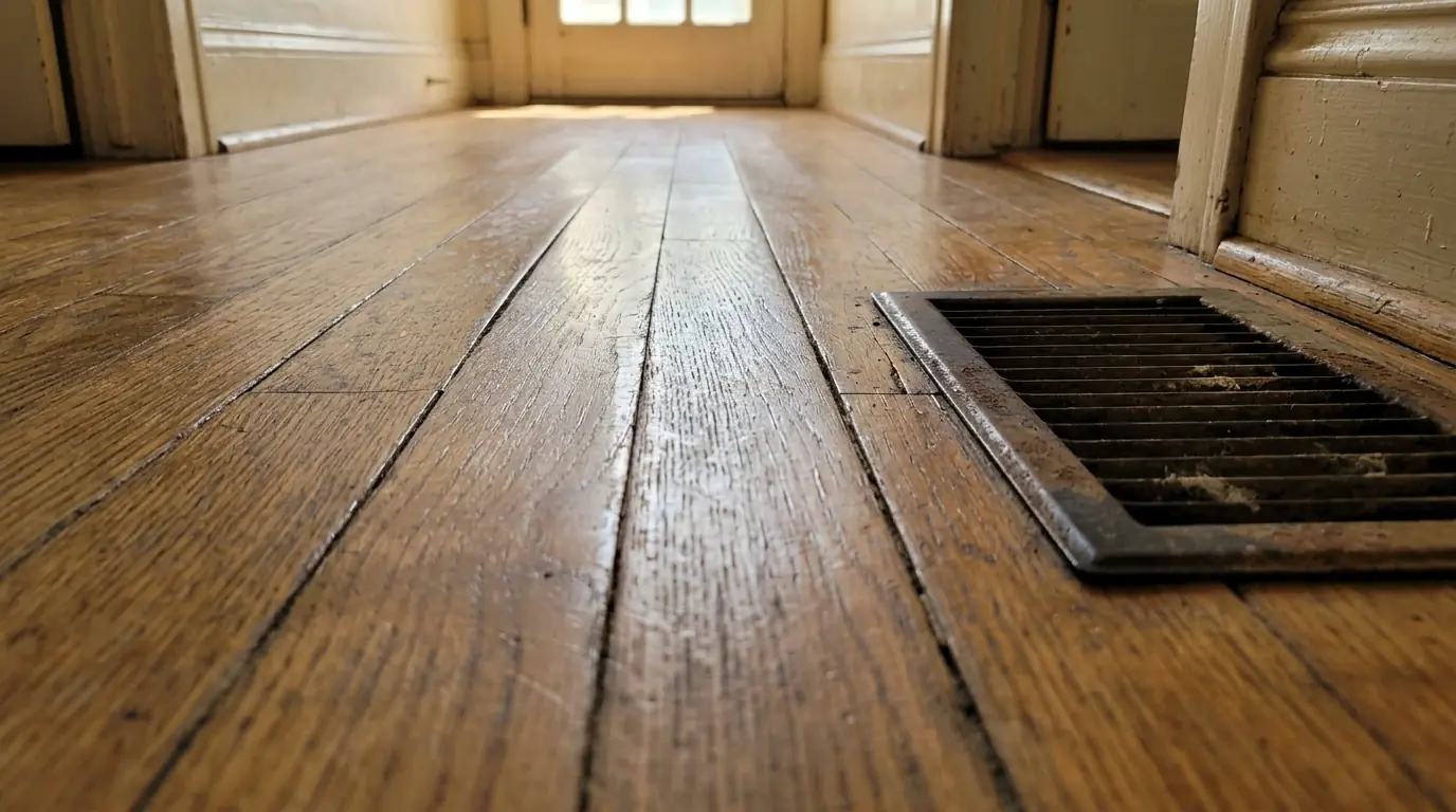 Hardwood floorboards cupped from high indoor humidity