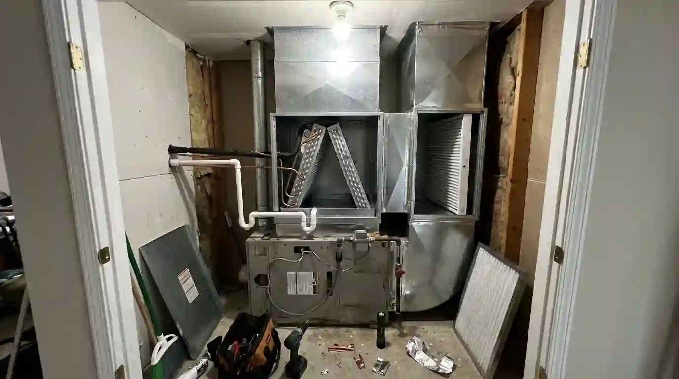 Media filter cabinet and new coil on a furnace