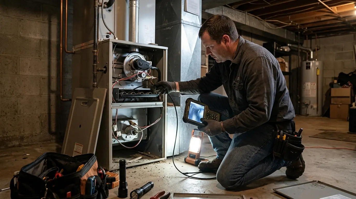 Inspection camera inside a furnace heat exchanger