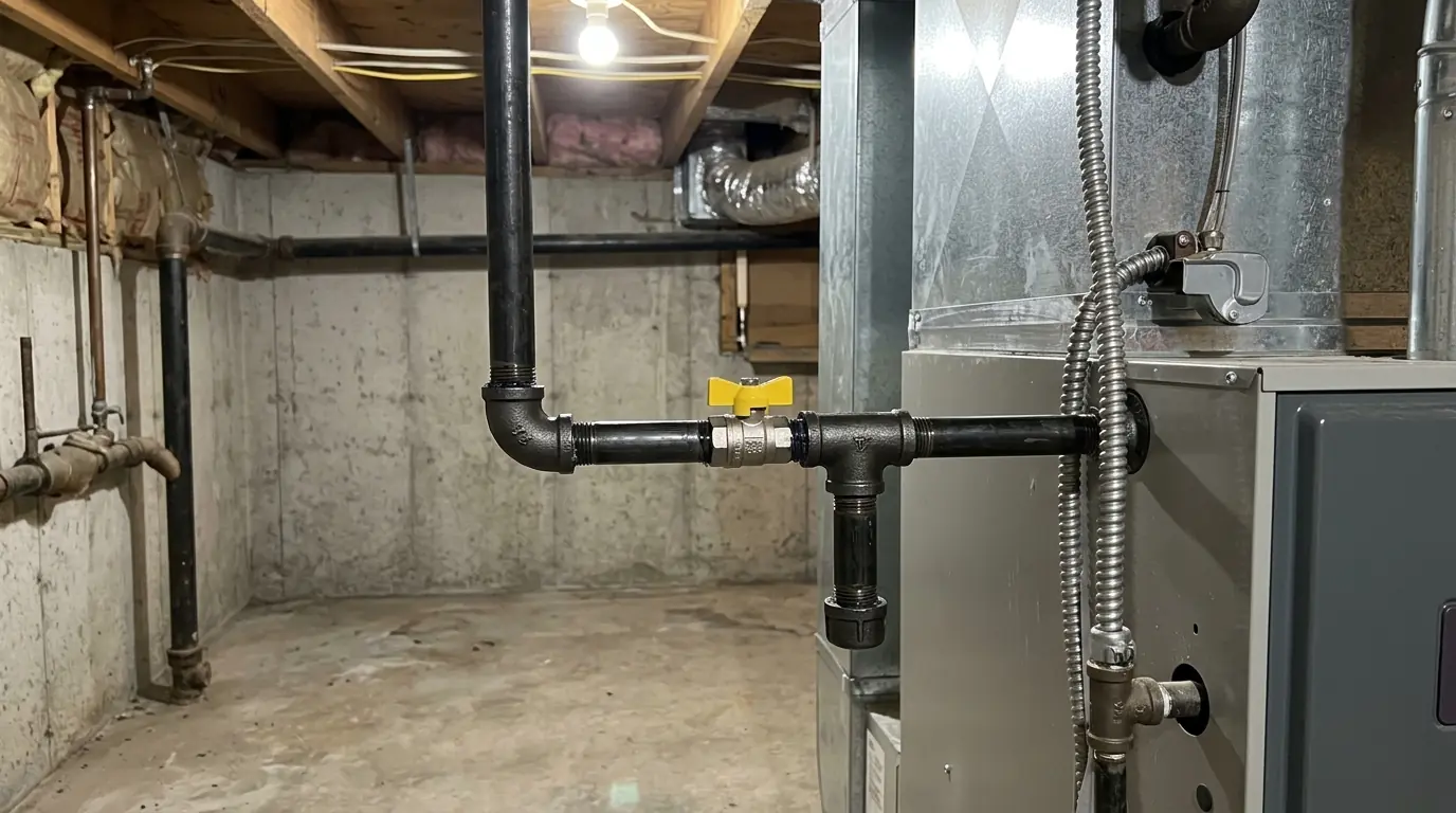 New gas pipe and shutoff valve at a furnace