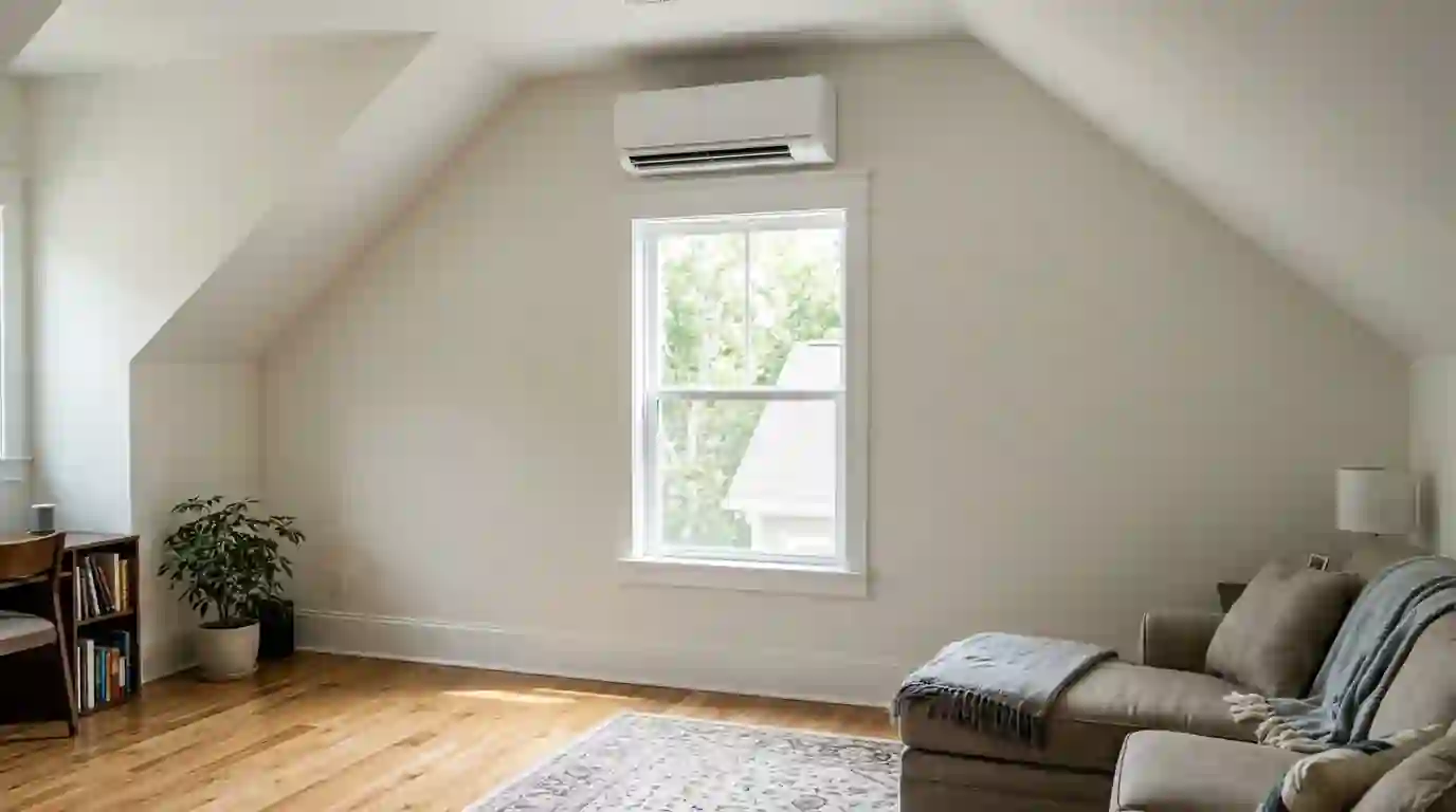 Ductless mini-split head in a bonus room
