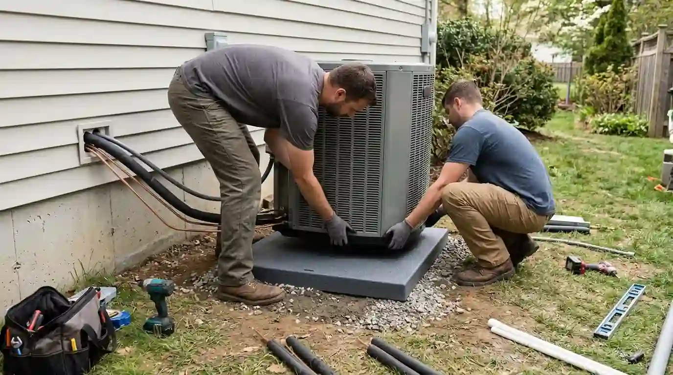 New heat pump set beside the old unit it replaces