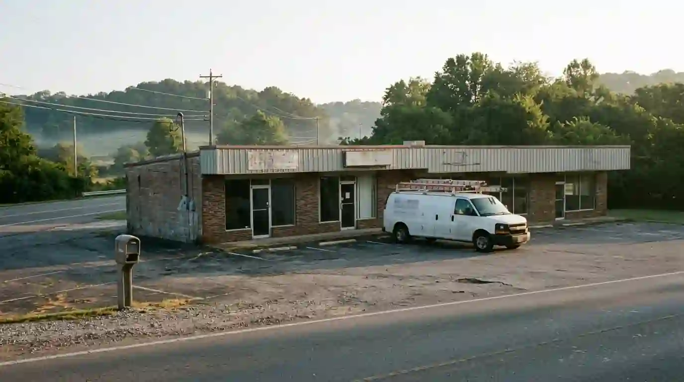 Strip-center shop front along a two-lane highway