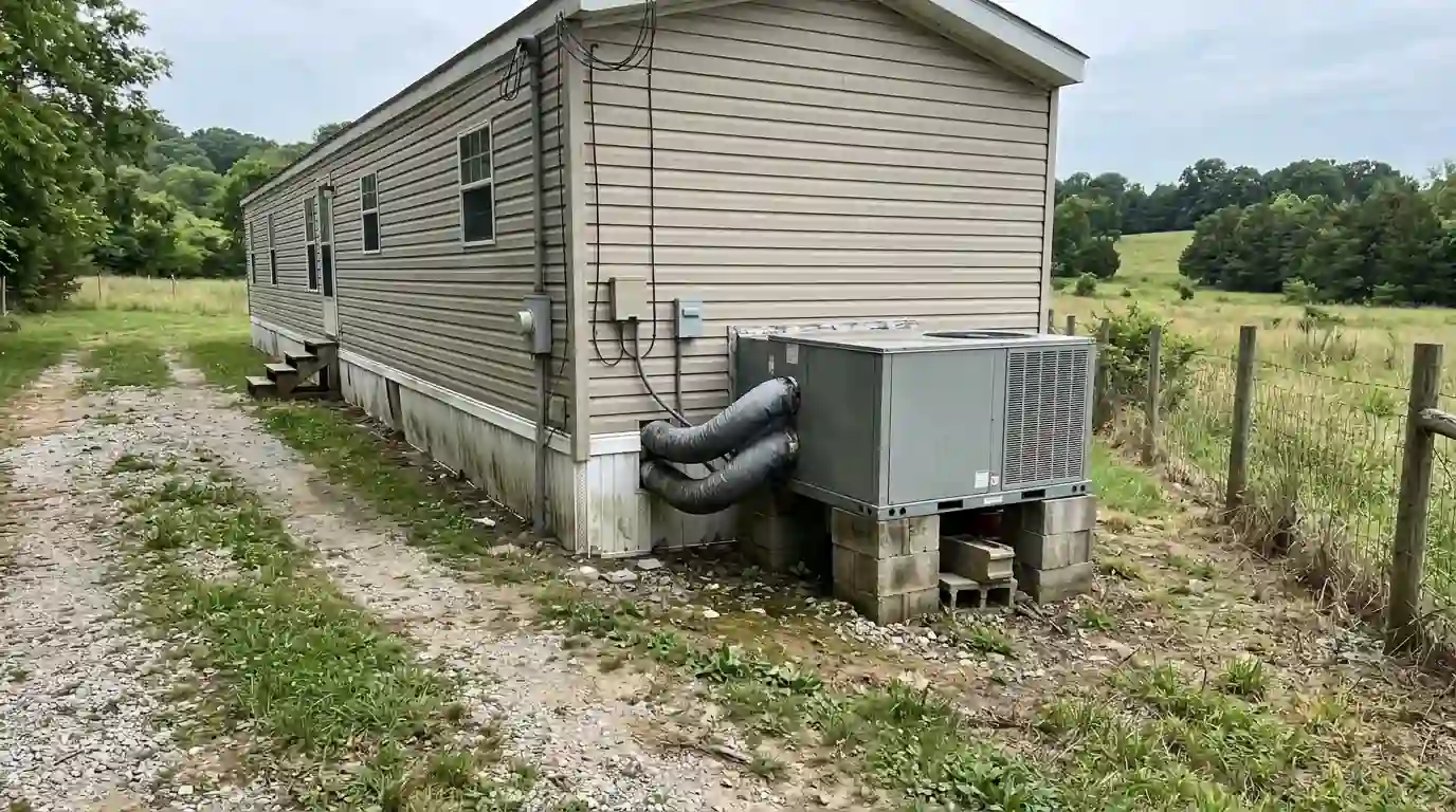 Package HVAC unit beside a manufactured home
