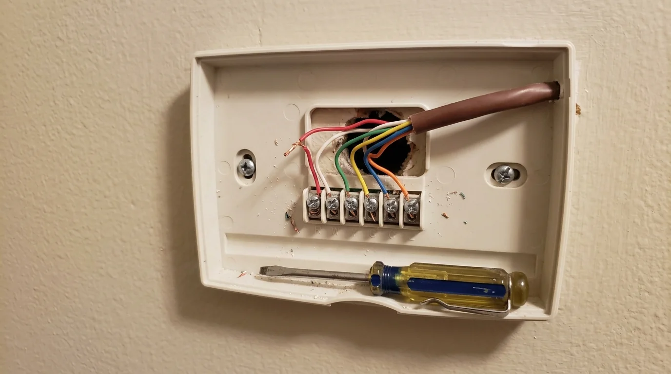 Thermostat wires connected to a base plate terminal block