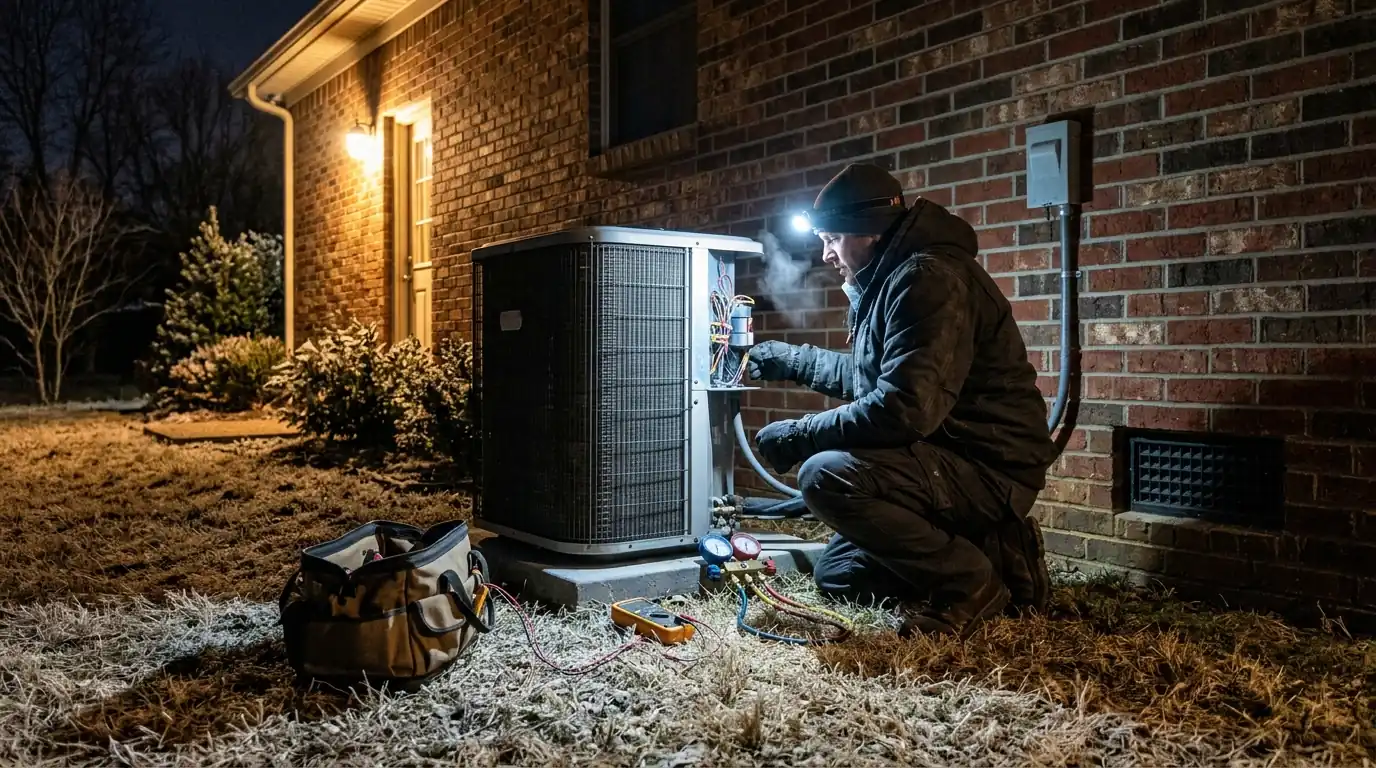Technician working on a heat pump at night
