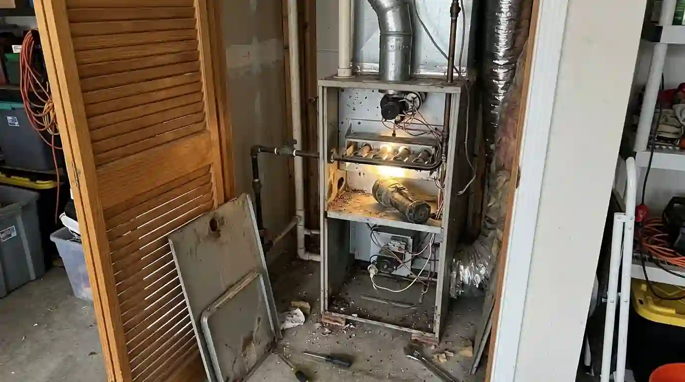 Gas furnace in a garage closet with the front panel removed