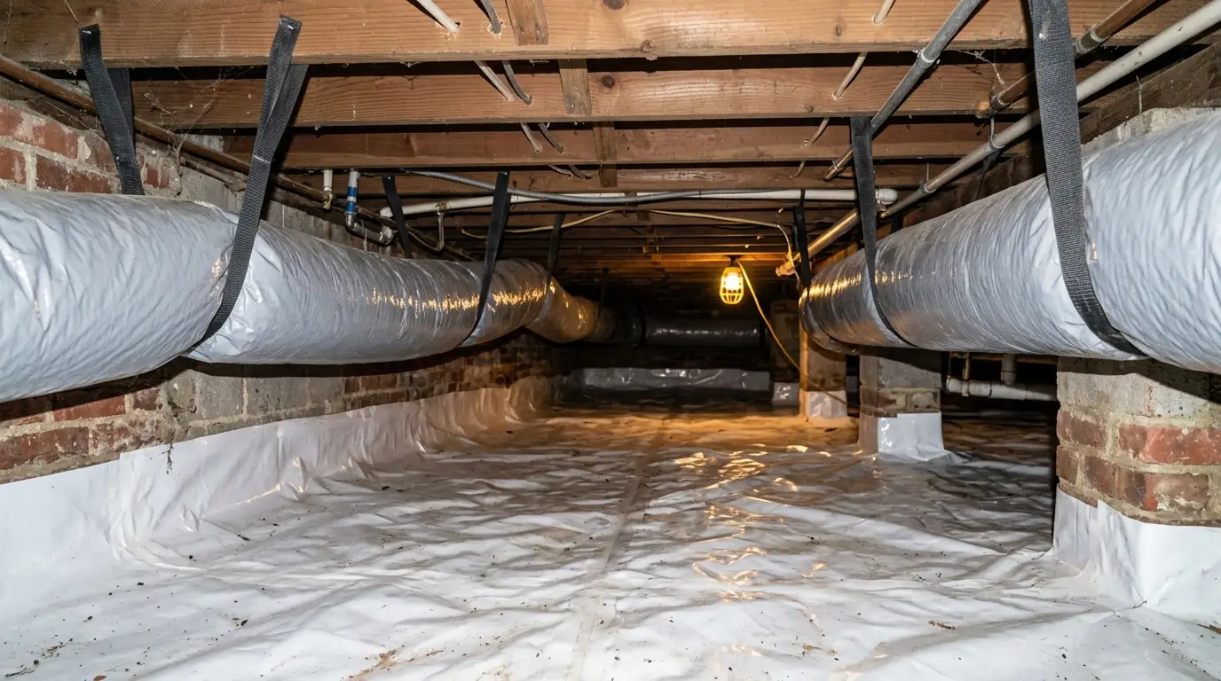 New insulated ducts hung in a crawl space
